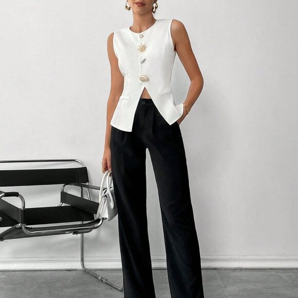 White Elegant Women's Hardware Button A-Slit Vest Top Sleeveless Vest - Picture 1 of 7